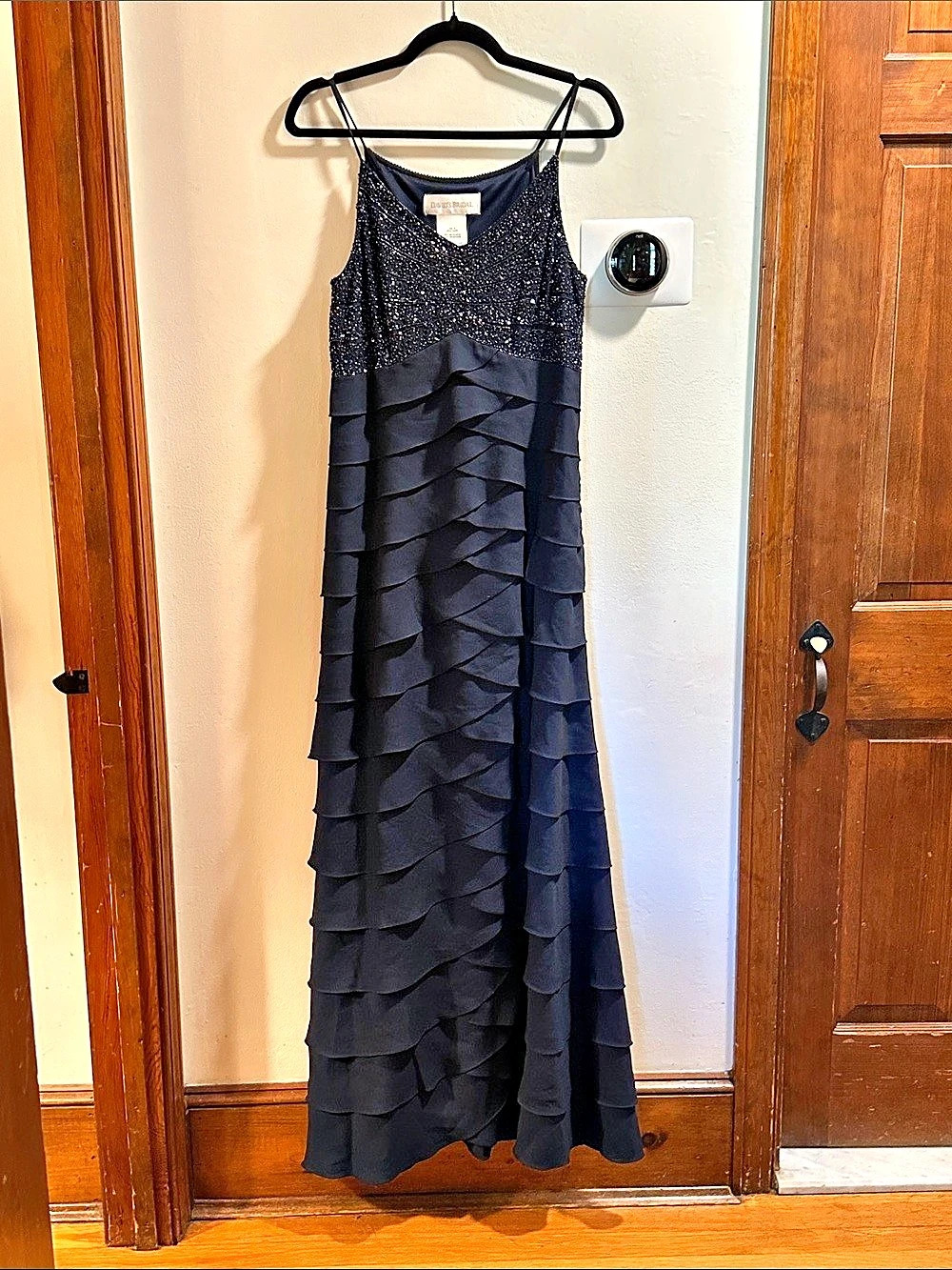 NWT David's Bridal NAVY Beaded/Sequined & Cascading Tiered Chiffon - Size 10